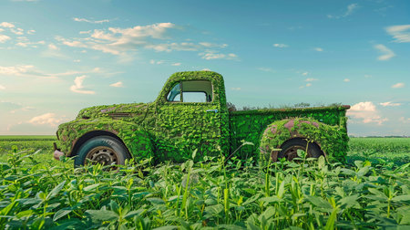 Green transportation concept: automobile, truck composed of grass and leaves, development, transparent ecological driving, road, blue sky, and no pollution or emissions.の素材