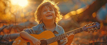 A child's unadulterated happiness and giggles as they joyfully played their guitar.の素材