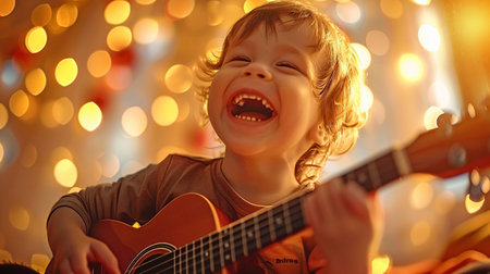 A child's unadulterated happiness and giggles as they joyfully played their guitar.の素材