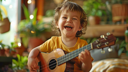 A child's unadulterated happiness and giggles as they joyfully played their guitar.の素材