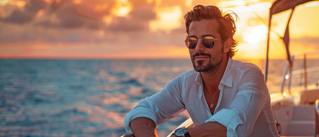 a picture of a contented, wealthy young man relaxing at dusk on a boatの素材