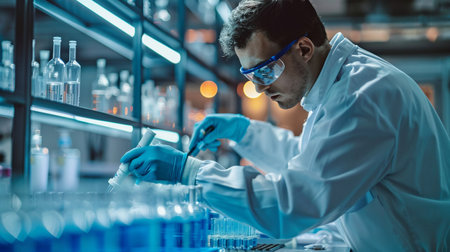 A scientist conducting research in a lab. background in medical testing.の素材