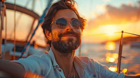 a picture of a contented, wealthy young man relaxing at dusk on a boatの素材