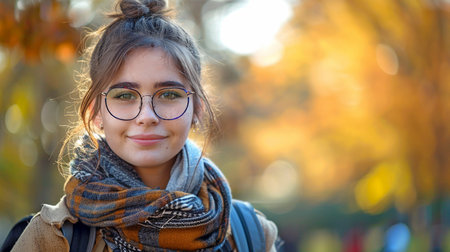 An autumnal medium picture of a college girl in a park wearing glasses and a rucksack. True to life colors, stock picture, center image, and hazy backdrop.の素材