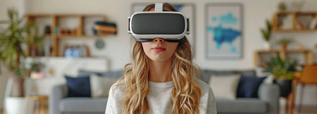 A cheerful blonde wearing 360-degree glasses or a virtual reality headset sits in her home room.の素材