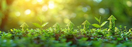 Drawing of upward-pointing arrows formed of verdant grass, signifying sustainable development, eco-friendly advancement, and favorable tendencies in environmental growth.の素材