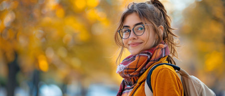 An autumnal medium picture of a college girl in a park wearing glasses and a rucksack. True to life colors, stock picture, center image, and hazy backdrop.の素材