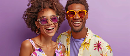 A cheerful pair of fashion models, dressed for summer and sporting sunglasses, are seen on a purple backdrop.の素材
