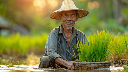 A cheerful farmer from Thailand laboring on a rice paddy.の素材