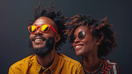 black backdrop with a happy smiling couple wearing sunglasses.の素材