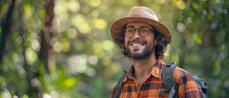 picture of a happy, gorgeous man traveling through a verdant woodland.の素材