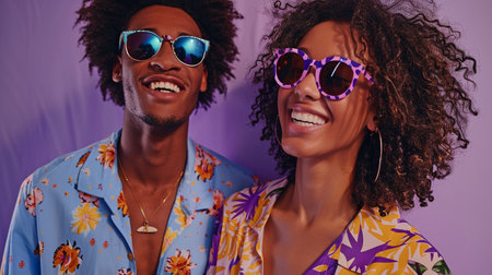 A cheerful pair of fashion models, dressed for summer and sporting sunglasses, are seen on a purple backdrop.の素材