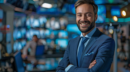 Presenting the newest happenings and daily news on a live television station in a newsroom studio is a cheerful male host.の素材