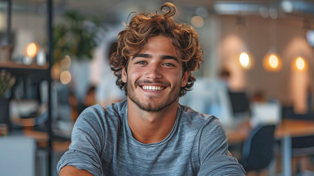 On an office background, a joyful young man is seen seated at his desk.の素材