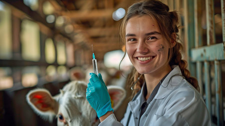 Smiling veterinarian holding a vaccination syringe against the backdrop of a dairy cow in a cow barnの素材