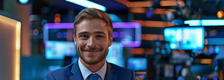 Presenting the newest happenings and daily news on a live television station in a newsroom studio is a cheerful male host.の素材