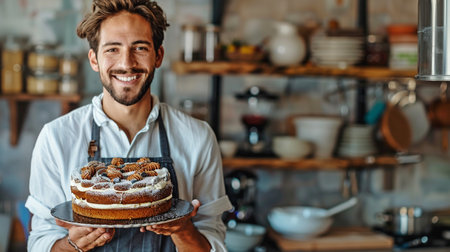 In the kitchen, there's a dapper man grinning and holding a lovely cake.の素材
