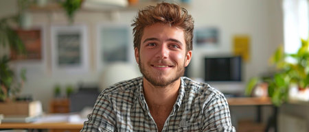 On an office background, a joyful young man is seen seated at his desk.の素材