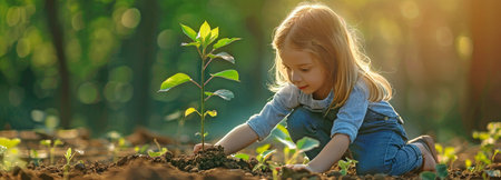A little girl in the springtime planting a tree. The day of Earthの素材