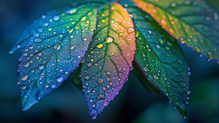 An autumn leaf covered in dew is a rainbow of colors, with each droplet reflecting sunlight into ethereal blues.の素材
