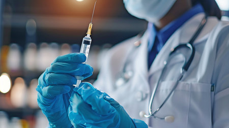 a medical professional getting ready to inject a patient with a syringe.の素材