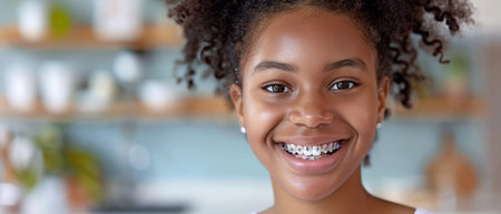 A happy adolescent black girl with dazzling, colorful braces on her white, healthy teeth. Concept of pediatric dentistry. duplicate spaceの素材