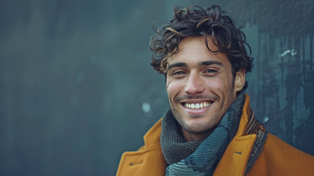 intense picture of a man wearing a chic coat and grinning.の素材