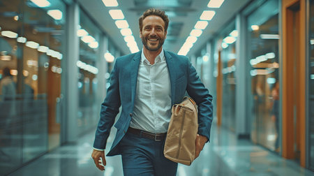 Sleek businessman rushing down the office hallway, satisfied with his business bag.の素材