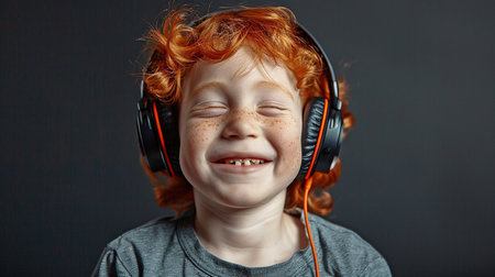 Laughing at the camera in a studio with a black background and copy space is a red-haired boy with Down syndrome wearing headphones.の素材