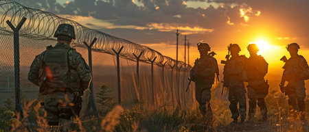 Barbed wire borders are patrolled by armed border guards and the military to keep out illegal immigration. The Emigration Crisis in Texas and Mexico.の素材