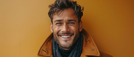 intense picture of a man wearing a chic coat and grinning.の素材