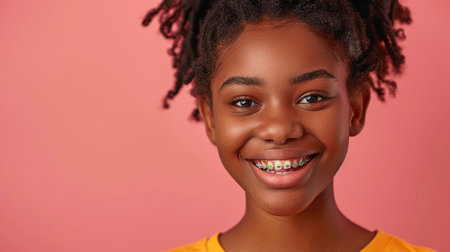 A happy adolescent black girl with dazzling, colorful braces on her white, healthy teeth. Concept of pediatric dentistry. duplicate spaceの素材