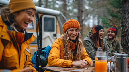 a group of happy male and female pals enjoying a road trip in the woodland while seated at a table close to a caravan and chuckling.の素材