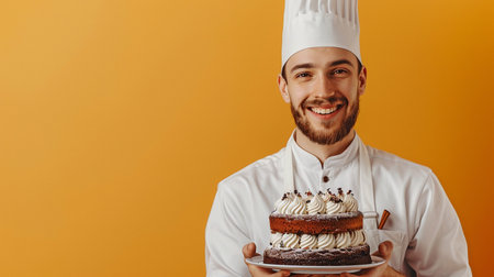 On an orange backdrop, a contented professional confectioner wearing a uniform holds a delectable dessert.の素材
