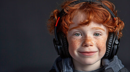Laughing at the camera in a studio with a black background and copy space is a red-haired boy with Down syndrome wearing headphones.の素材