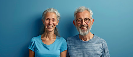 illustration of a contented elderly couple with gray hair and white, flawless teeth, separated on a blue backdrop with text space. dental attention. artificial teeth. dental careの素材
