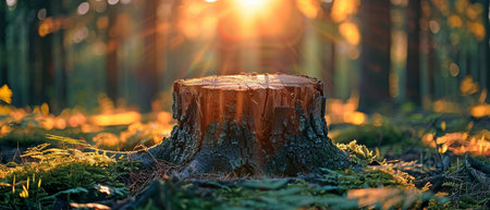 The harsh reminder of logging activities that cause deforestation and endanger the ecosystem is a sunlight pine tree stump in the center of a forest. The texture is highlighted by the focused attention.の素材