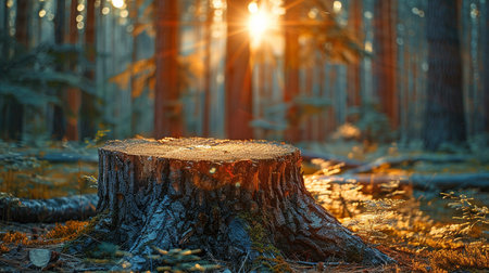 The harsh reminder of logging activities that cause deforestation and endanger the ecosystem is a sunlight pine tree stump in the center of a forest. The texture is highlighted by the focused attention.の素材