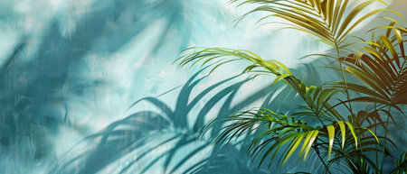 An abstract background for spring and summer with a light blue wall and a hazy shadow created by palm leaves.の素材