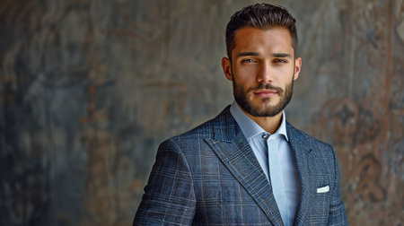 An attractive young man with cropped hair and a goatee is shown in a full body shot wearing a suit.の素材