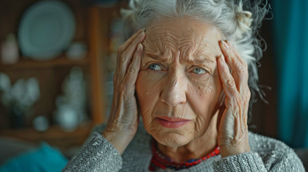 An adult woman with a migraine. An elderly woman clutching her head in agony due to a headache.の素材