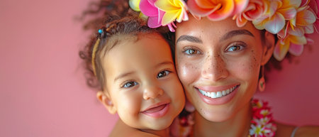 Hawaiian-dressed mother and infant grinning against a pink backdrop.の素材