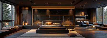 Large bed in contemporary black bedroom. Open-plan interior design for modern living spaces. Large, dark living area. the design of homes and buildings.の素材