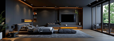 Large bed in contemporary black bedroom. Open-plan interior design for modern living spaces. Large, dark living area. the design of homes and buildings.の素材