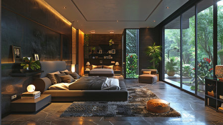 Large bed in contemporary black bedroom. Open-plan interior design for modern living spaces. Large, dark living area. the design of homes and buildings.の素材