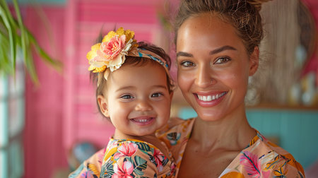 Hawaiian-dressed mother and infant grinning against a pink backdrop.の素材