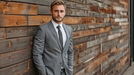 An attractive young man with cropped hair and a goatee is shown in a full body shot wearing a suit.の素材