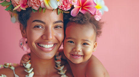 Hawaiian-dressed mother and infant grinning against a pink backdrop.の素材