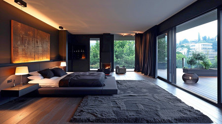 Large bed in contemporary black bedroom. Open-plan interior design for modern living spaces. Large, dark living area. the design of homes and buildings.の素材