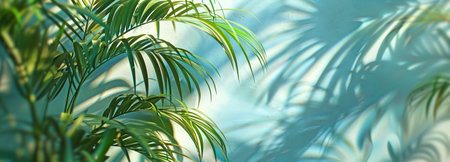 An abstract background for spring and summer with a light blue wall and a hazy shadow created by palm leaves.の素材